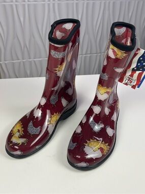 Sloggers Burgundy Chicken Pattern Rain Boots - Brand New